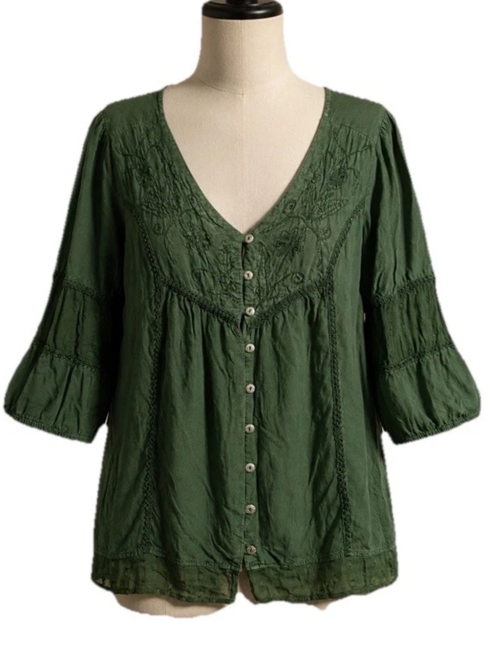 PARAGON Olive Green Embroidered Button-Front Boho Top